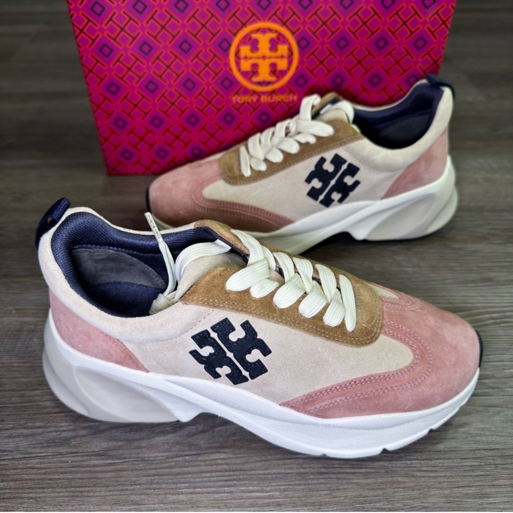 Tory Burch Pink Suede & Beige Suede Platform Sneakers with Black Logo - Picture 4 of 6